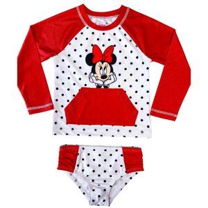 Licensed MINNIE MOUSE NWT 2 Piece Swim Set Rash Guard Top Bikini Swim Botto